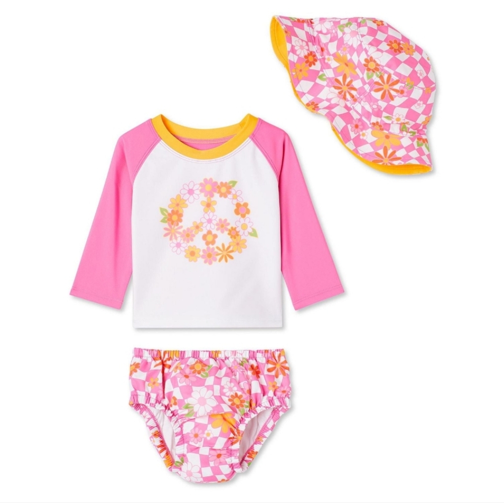 NEW 3pc Baby Girl UPF 50 Long Sleeve Pink White Orange Floral Peace Swimsuit Set